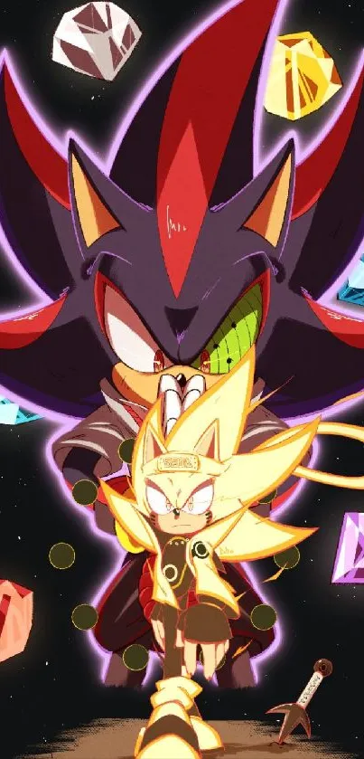 Sonic and Shadow with chaos emeralds in anime style wallpaper.