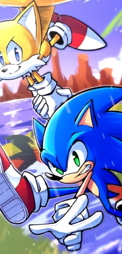 Vibrant artwork of Sonic and Tails in action pose.