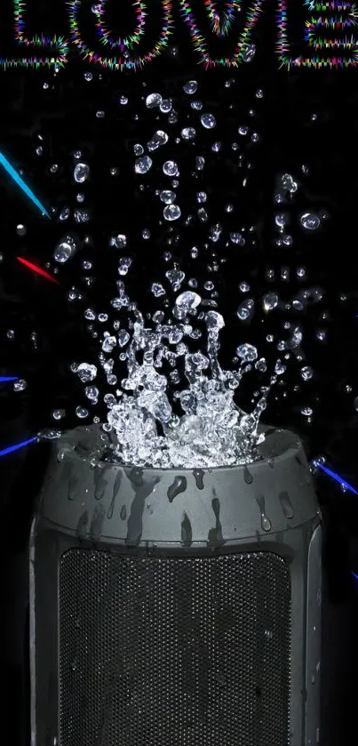 Dynamic speaker with water splash and colorful lights on dark background.