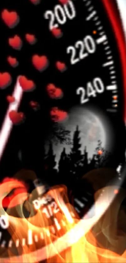 Wallpaper with speedometer, hearts, moon, and fiery flames.