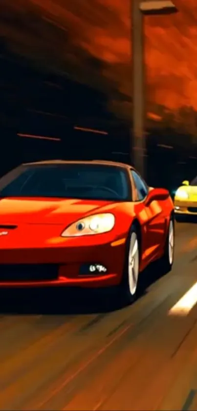 Dynamic racing car speeding on road.