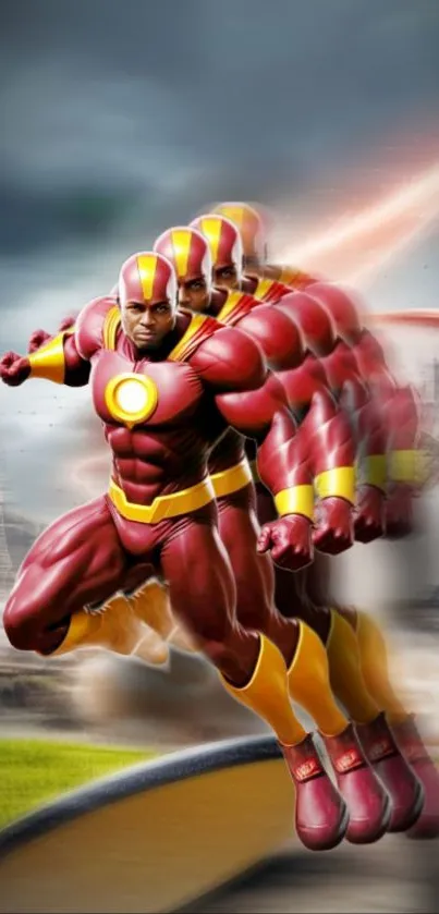 Dynamic superhero in motion with vibrant red and yellow colors on wallpaper.