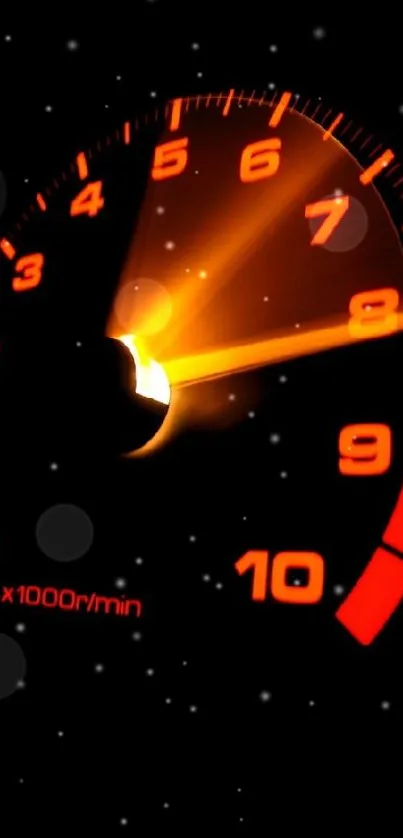 Dynamic speedometer wallpaper with orange glow against black background.