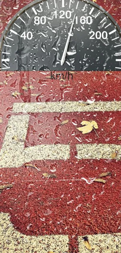 Red speedometer wallpaper with raindrops and autumn leaves