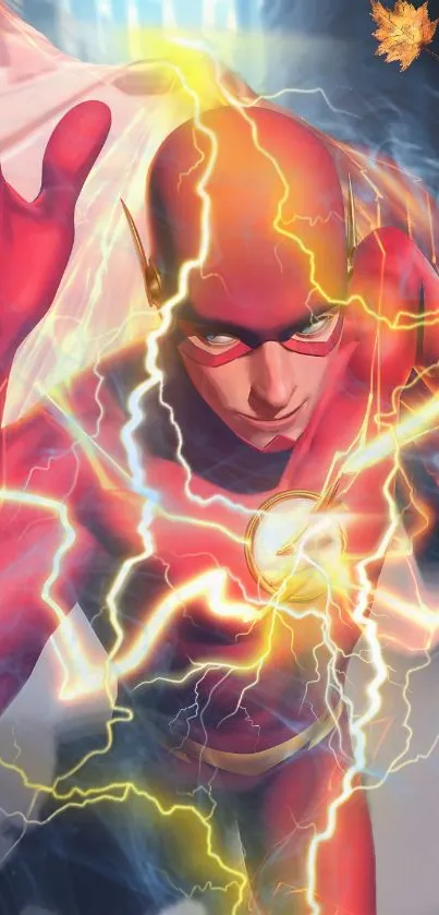 Dynamic superhero with lightning energy in a vibrant red suit.