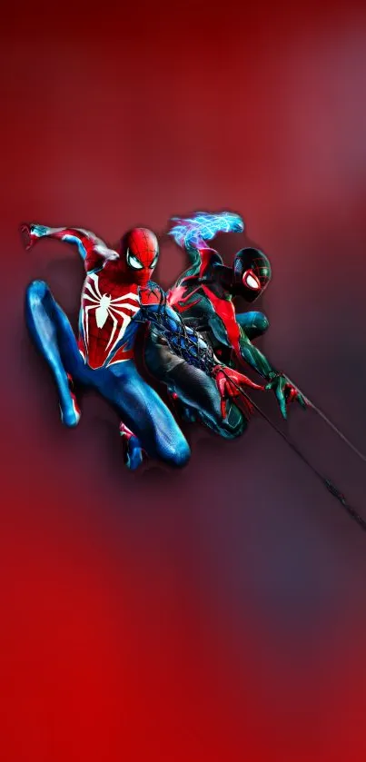 Dynamic Spider-Man duo in action on a red background, perfect for mobile screens.