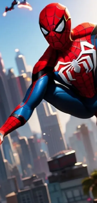 Superhero swings through city skyline in vibrant mobile wallpaper.