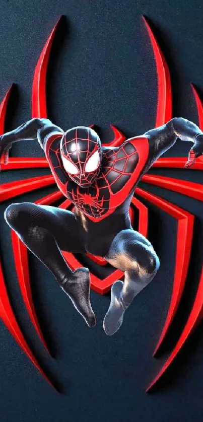 Spider hero with red emblem on black background wallpaper.