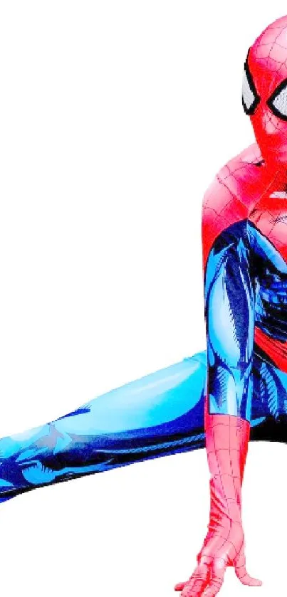 Superhero in dynamic red and blue pose on white background.