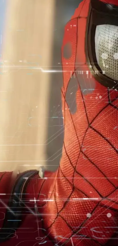 Close-up of a spider-themed superhero in red costume with digital effects.