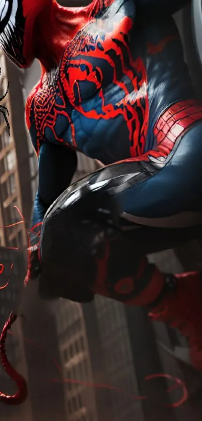 Dynamic spider-themed superhero in vibrant red and blue on mobile wallpaper.