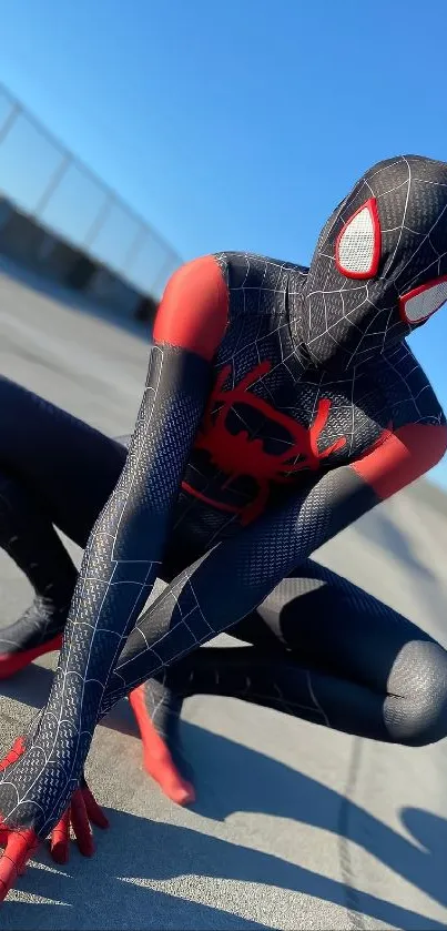 Spider-themed hero crouching under a clear blue sky in vibrant suit.