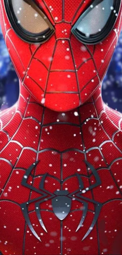 Spider hero in red suit with snowflakes on a dynamic background.