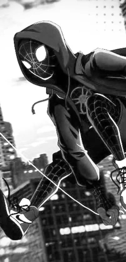 Dynamic black and white Spider Hero leaps through a cityscape.