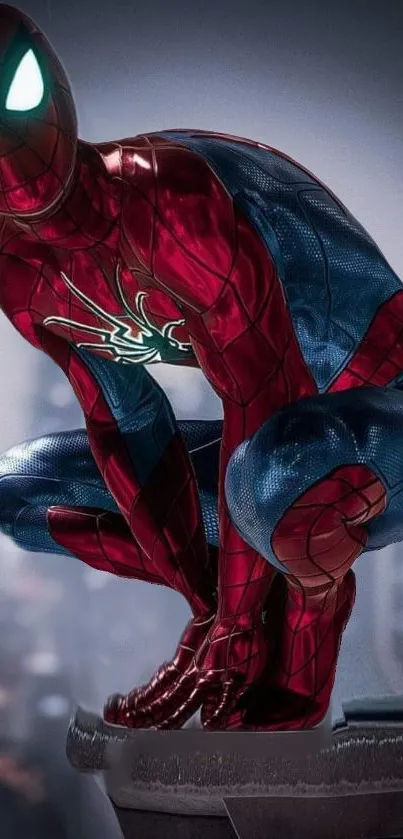 Spider hero wallpaper with red and blue suit, crouched on ledge.