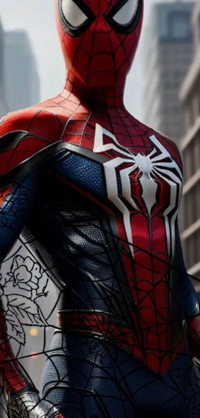 Spider hero in dynamic red and blue costume with urban backdrop.