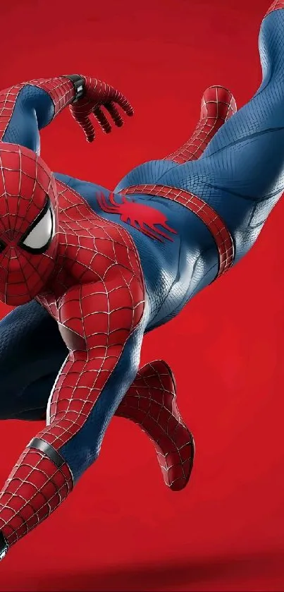 Spider superhero in dynamic pose on red background.