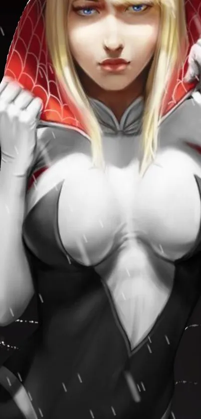 Spider heroine in black and red suit, dynamic mobile wallpaper.