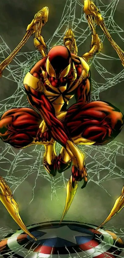 Spider-Man in Iron Suit with web background.