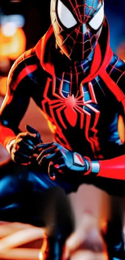 Vibrant Spider-Man wallpaper with red and black suit in dynamic pose.