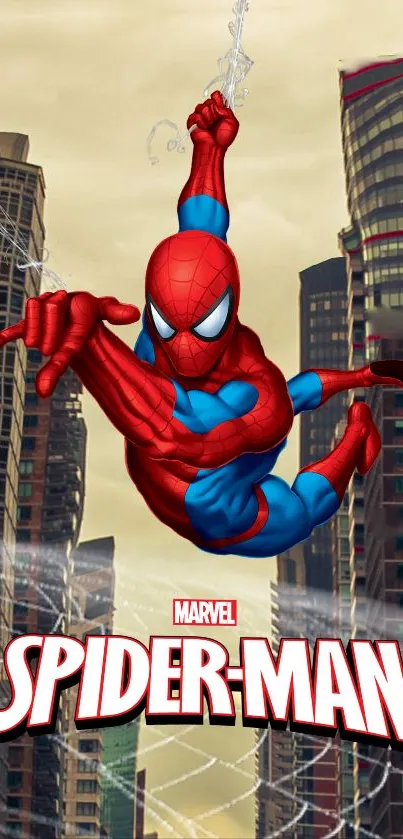 Spider-Man swinging through a vibrant city skyline, iconic superhero wallpaper.