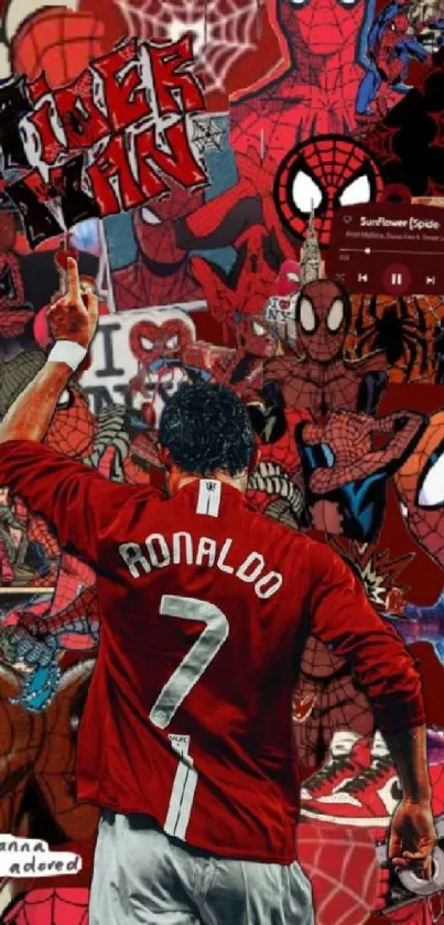 Ronaldo with Spider-Man collage wallpaper combining comics and sports.