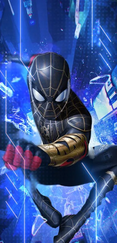 Dynamic Spider-Man posing in neon cityscape wallpaper.