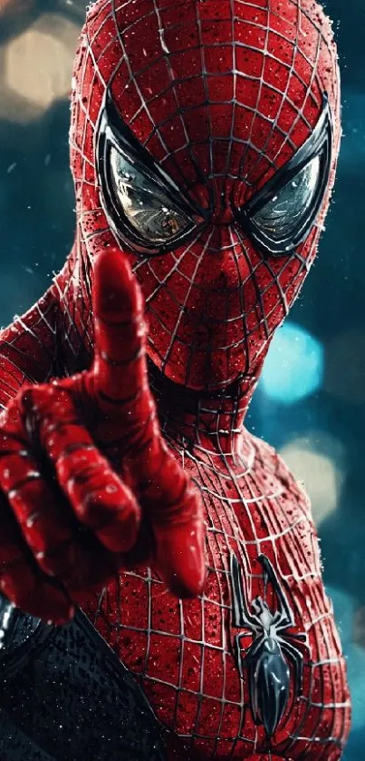 Spider-Man pointing forward in dynamic wallpaper design