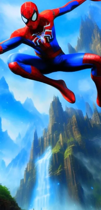 Spider-Man swings dynamically across a vibrant mountain landscape.