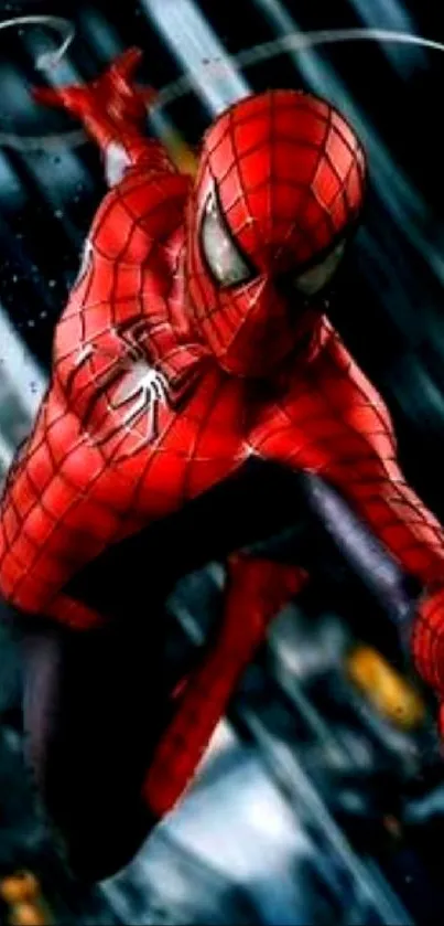 Spider-Man swinging dynamically in city wallpaper.