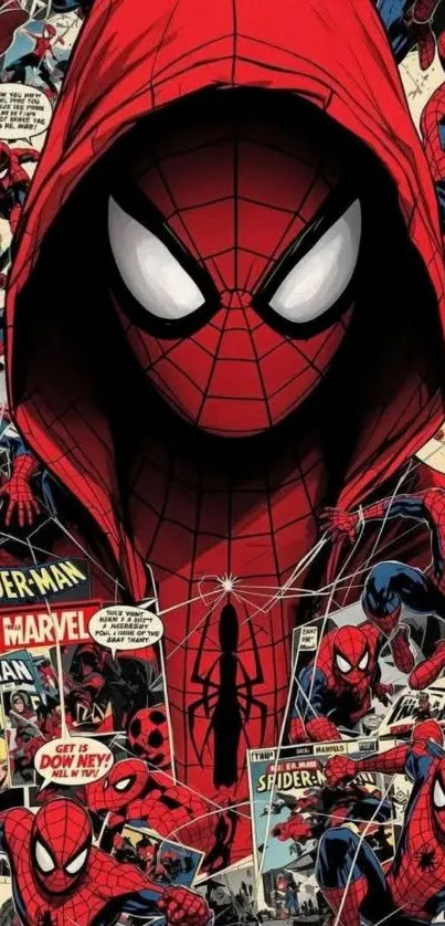 Spider-Man wallpaper with comic book scenes and red hood.
