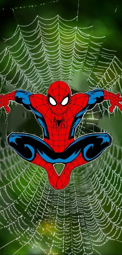 Spider-Man in dynamic pose on a green web background.