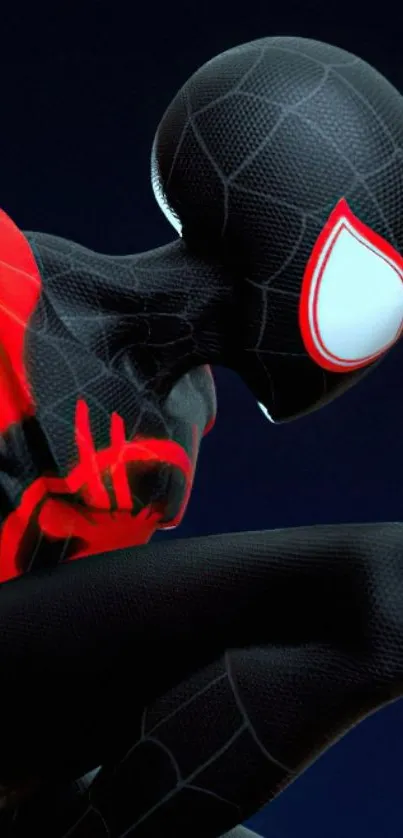 Futuristic spider-themed suit art in black and red for mobile wallpaper.