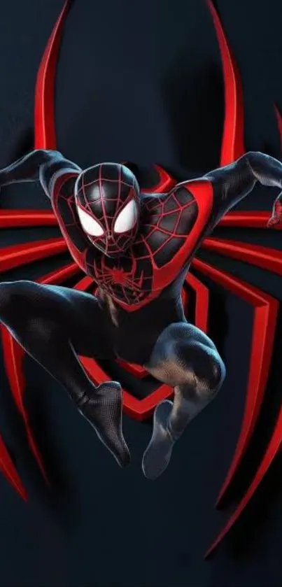 Dynamic Spider superhero leaping from a bold red and black background.