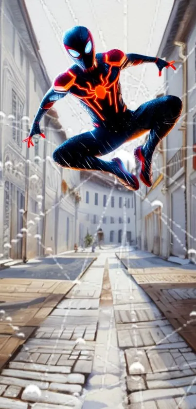 Spider-Man in an action pose between buildings, set against a detailed cityscape.