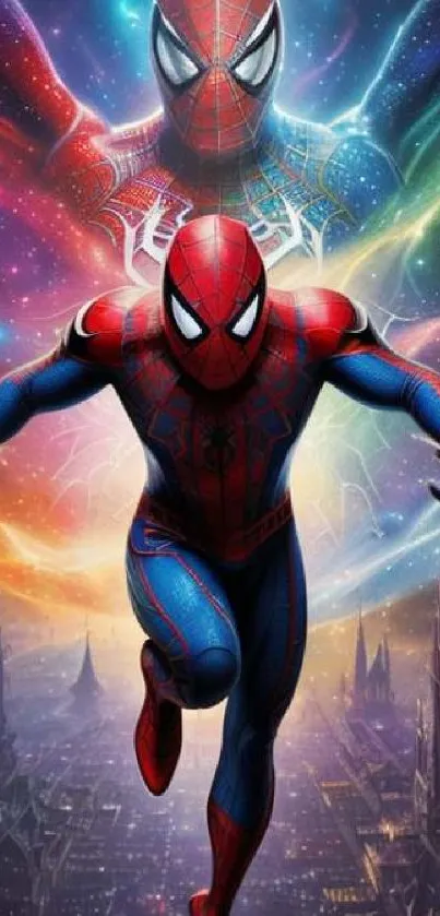 Vibrant superhero wallpaper with cosmic colors and dynamic red blue costume.