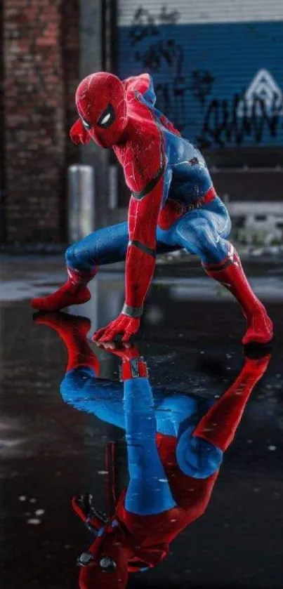 Spider-themed hero in a dynamic urban pose with vivid reflection.