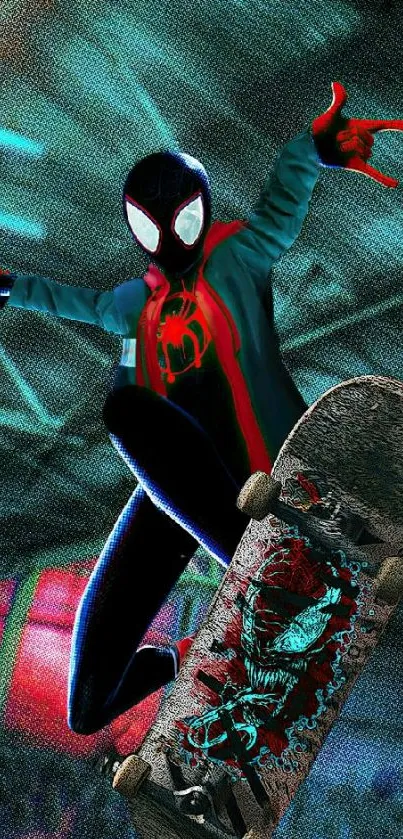 Spider-Man themed wallpaper with skateboard action scene.