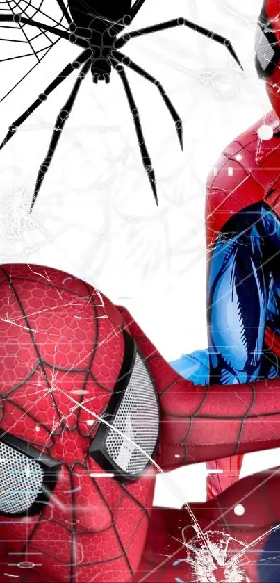 Vibrant Spider-Man mobile wallpaper with red and blue hues, featuring web patterns.