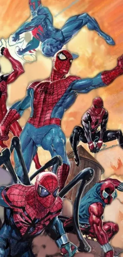 Various Spider-Man variants in dynamic action pose.