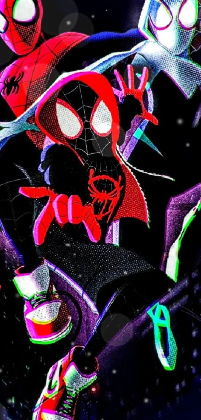 Trio of Spider characters in vibrant colors on a mobile wallpaper.