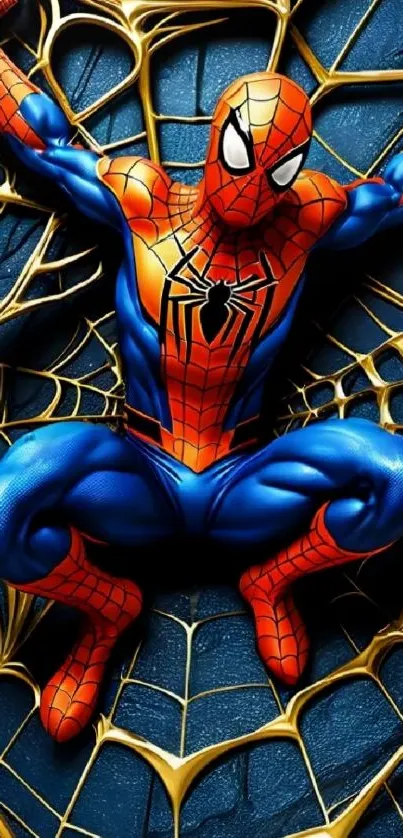 Spiderman in dynamic web pose with vibrant colors.