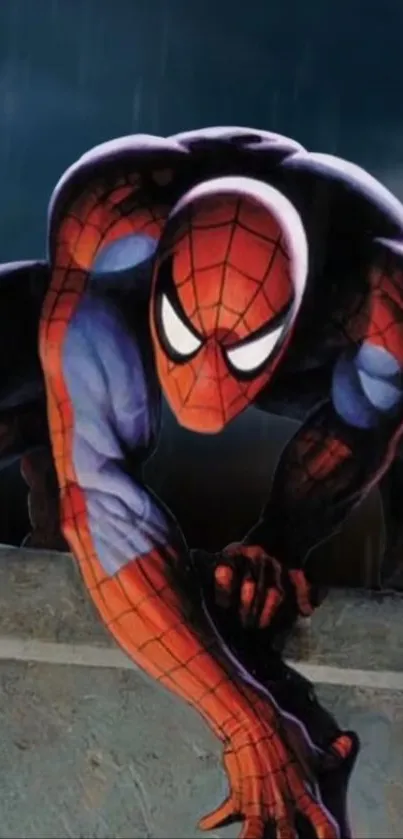 Spiderman crouches dynamically in action pose, creating a vibrant background.