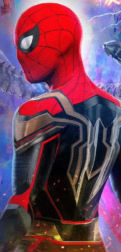 Vibrant Spiderman wallpaper with dynamic pose.