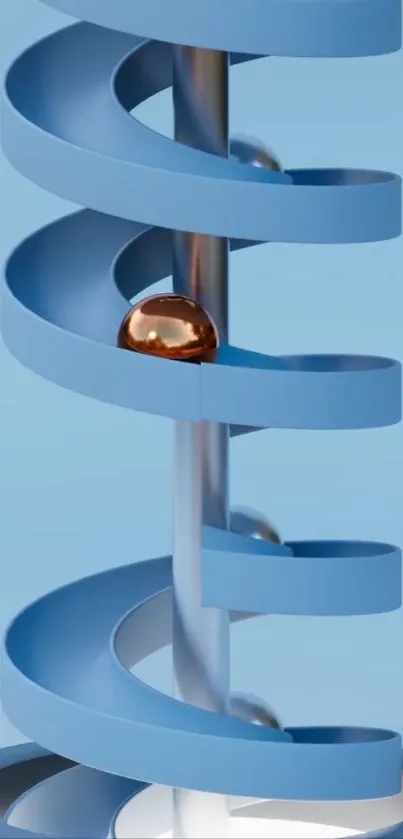 Abstract spiral with metallic spheres on blue background.