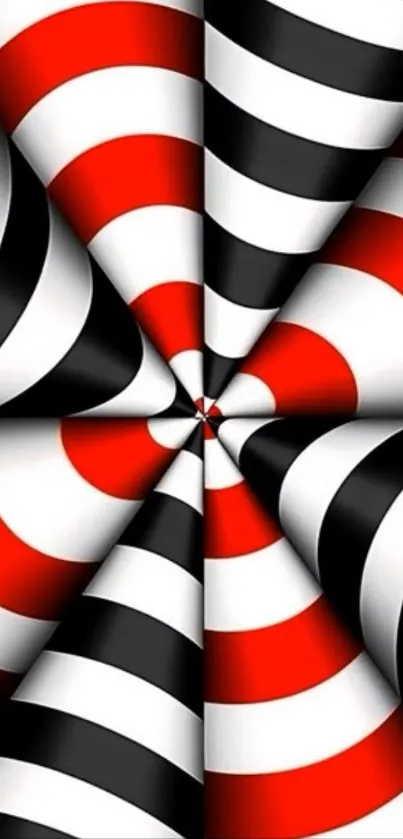 Dynamic spiral pattern with red, black, and white stripes.