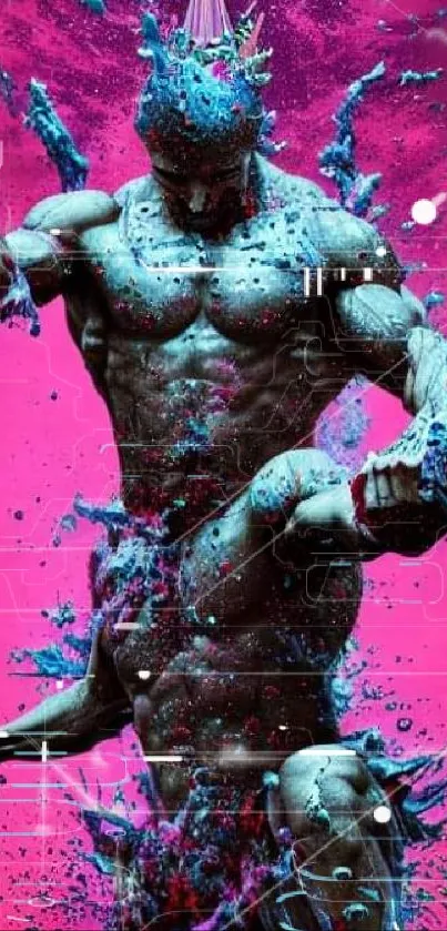 Dynamic splash art of a muscular figure on a vibrant pink background.