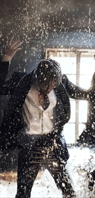 Man in suit under rain splash by window.