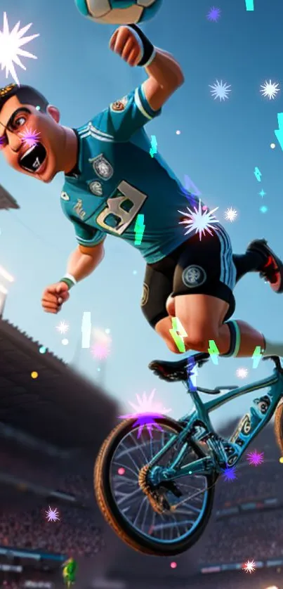 Animated character cycling in a stadium with vibrant effects.