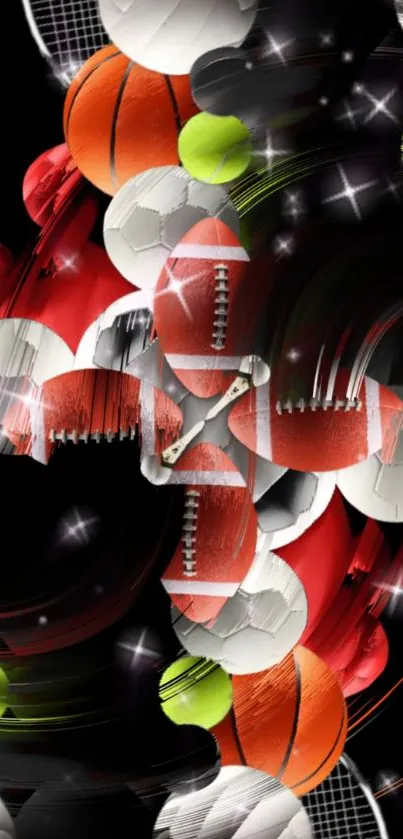 Collage of colorful sports balls on a black background, perfect for mobile wallpaper.
